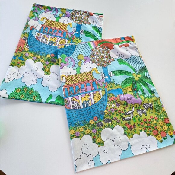 Vintage 70s pillowcases, Sears Noah's Ark, blue, purple, orange, pair - Picture 6 of 10
